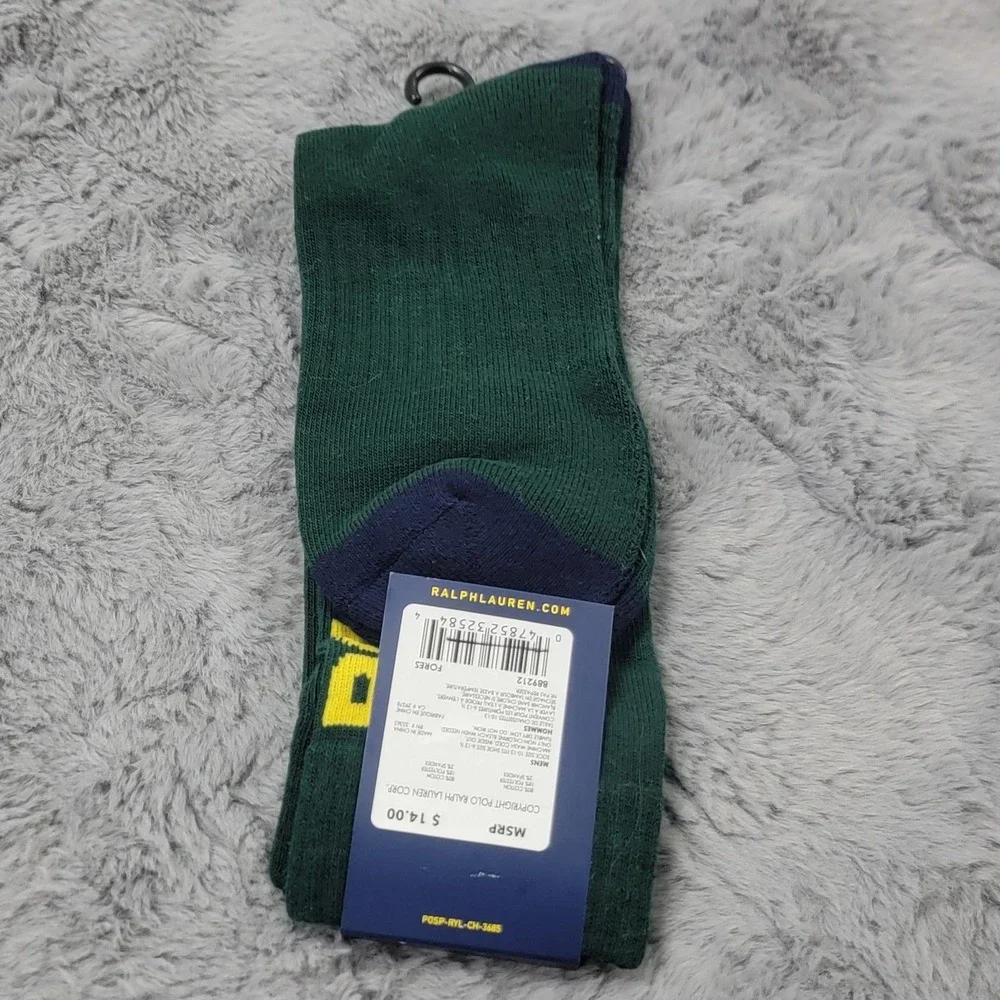 Polo Ralph Lauren Socks Mens 10-13 Green Polo Sport USA Flag Mid Calf Crew